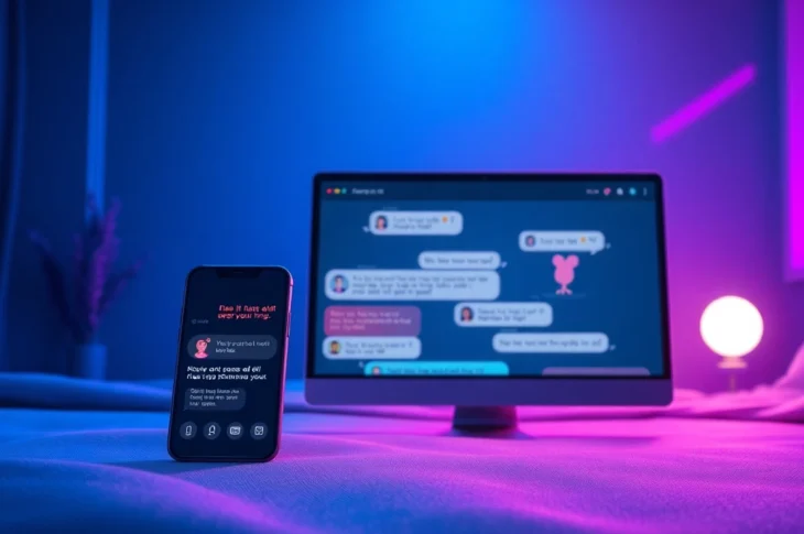 Futuristic digital illustration of AI chat interfaces with adult-themed conversations on devices illuminated by neon lights.