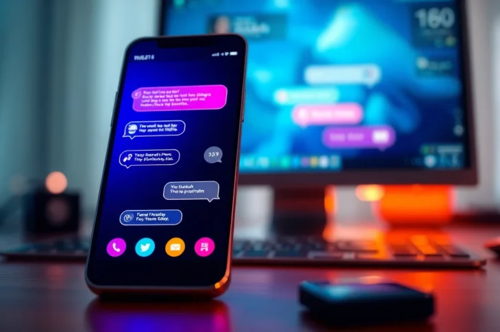 Close-up of a smartphone and desktop screen displaying a vibrant AI chat interface with neon accents.