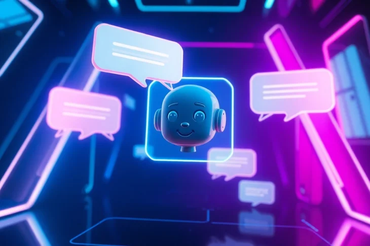 Futuristic AI chat interface with glowing holographic elements and friendly digital avatar in a high-tech environment.