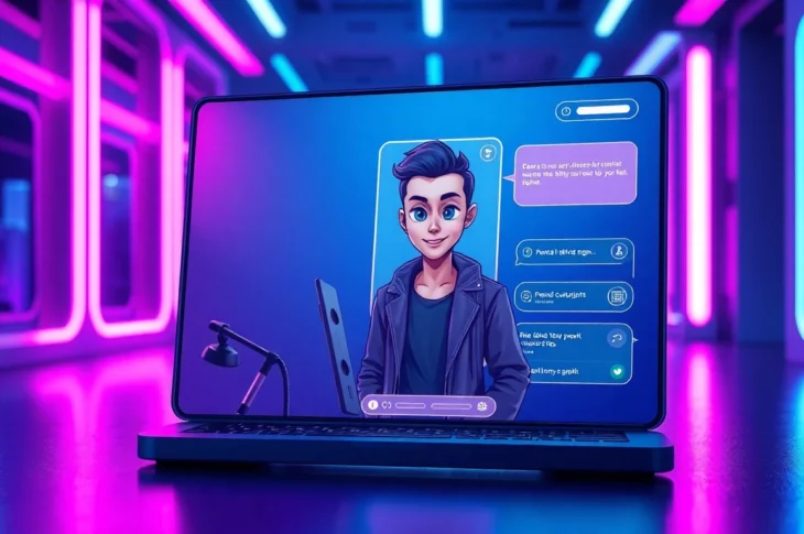 Futuristic chatbot interface with a customizable AI character in a neon-lit high-tech environment.