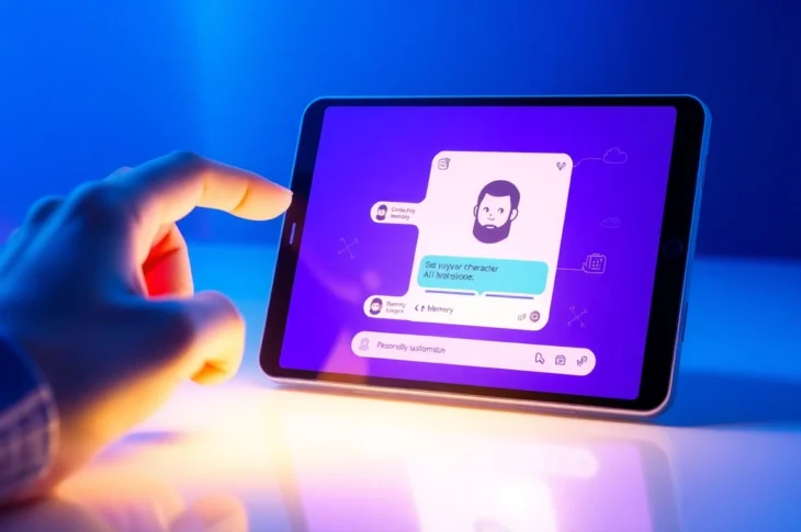A futuristic digital interface showing a user interacting with a customizable AI character on a sleek screen, with vibrant colors and a tech-inspired design.