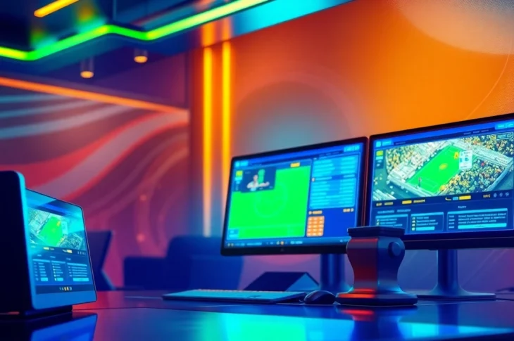 Digital illustration of a modern online sportsbook and casino platform with vibrant colors and high-tech elements.