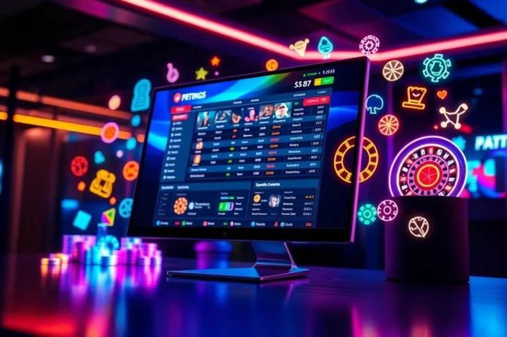 Illustration of an online sportsbook and casino platform with sports symbols and betting icons in a vibrant digital environment.