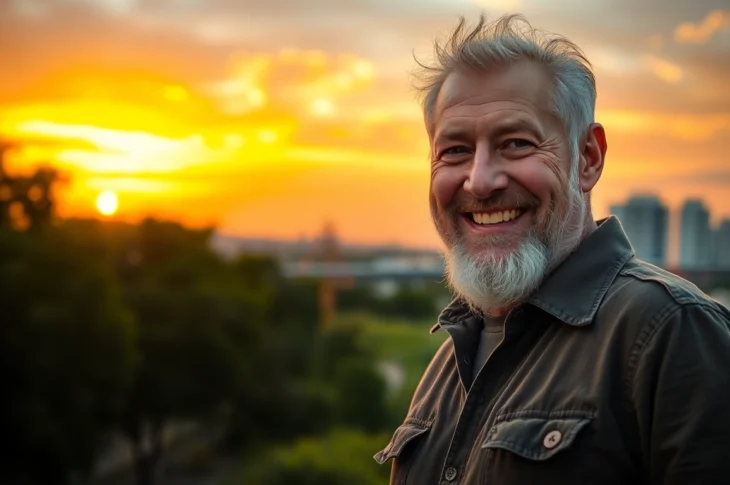 Attractive mature man outdoors at sunset with a confident smile