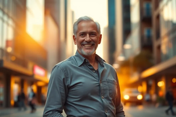 Attractive older man with a confident smile in an urban setting during golden hour.