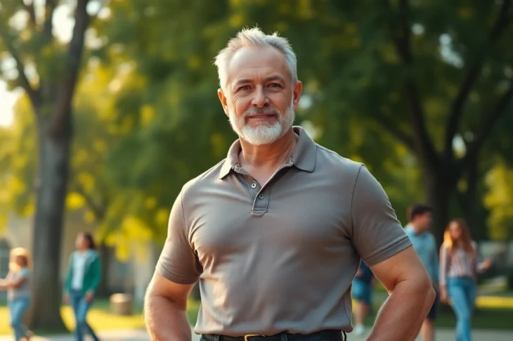 An attractive older man confidently standing outdoors in casual attire, with a vibrant park background.
