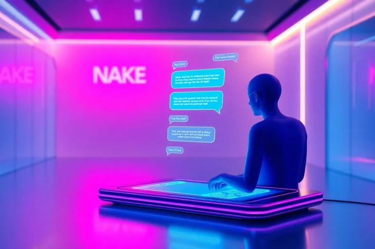Futuristic AI chat interface with holographic text bubbles and neon lighting on a high-tech device.