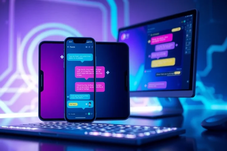 Futuristic chatbot interface on smartphone and desktop with vibrant chat visuals in a high-tech environment.