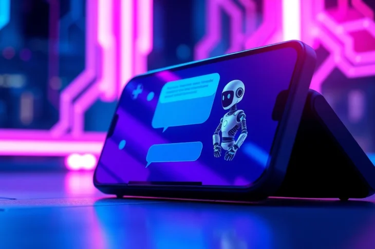Futuristic chatbot interface on a device screen with vibrant neon colors and AI characters interacting