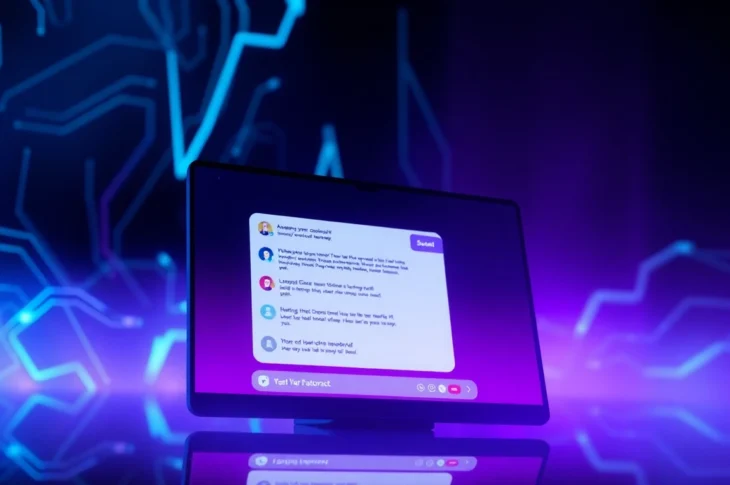 Close-up of a futuristic AI chat interface with neon lights and digital patterns, suggesting intimacy and advanced technology.