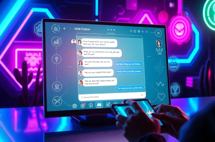 Futuristic AI chatbot interface with neon accents and holographic elements on a digital screen.