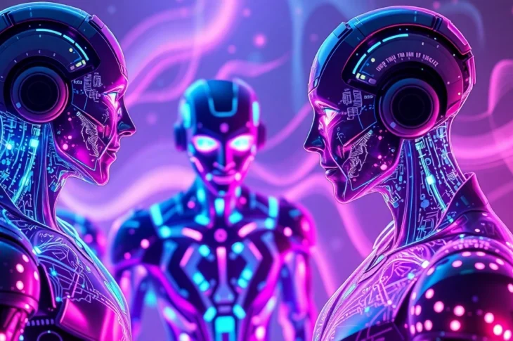 Futuristic digital chat environment with glowing AI characters in a neon-lit setting.