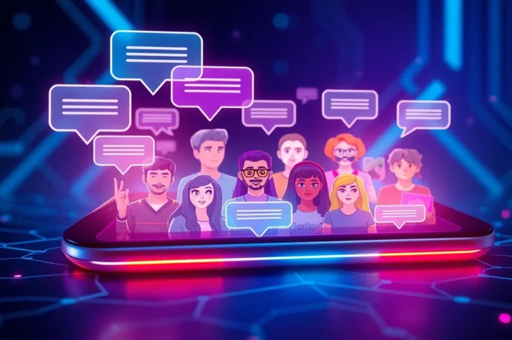 Futuristic digital chat interface with customizable AI characters and glowing holographic text bubbles on a sleek device