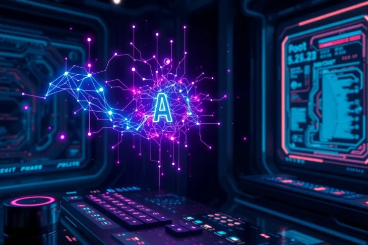 Futuristic AI interface with holograms and glowing data streams representing smut AI technology in a dark high-tech environment.