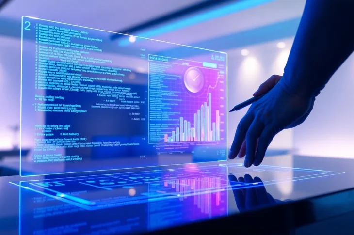 Futuristic AI interface on a holographic screen in a modern environment, with data visuals and glowing code.