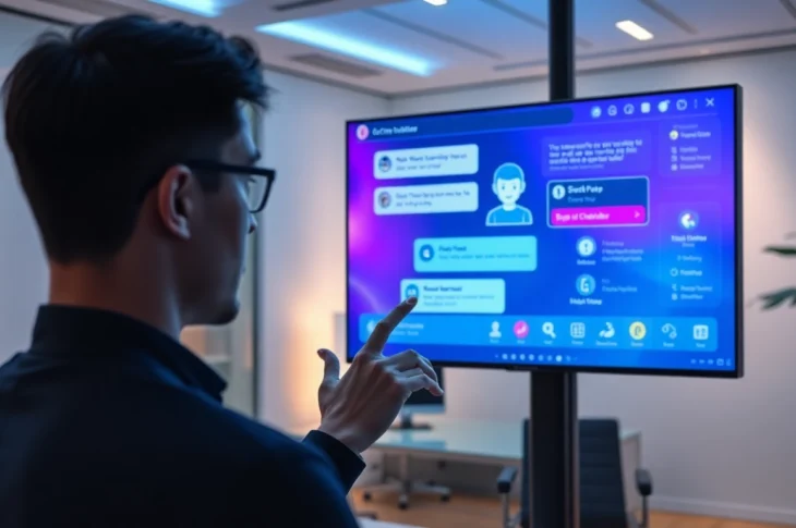 A person using a futuristic chatbot platform on a computer in a modern office environment.