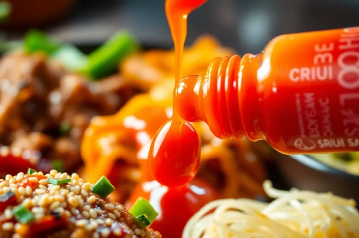 Sriracha Sauce served on sizzling Asian dishes showcasing bold flavor and vibrant color