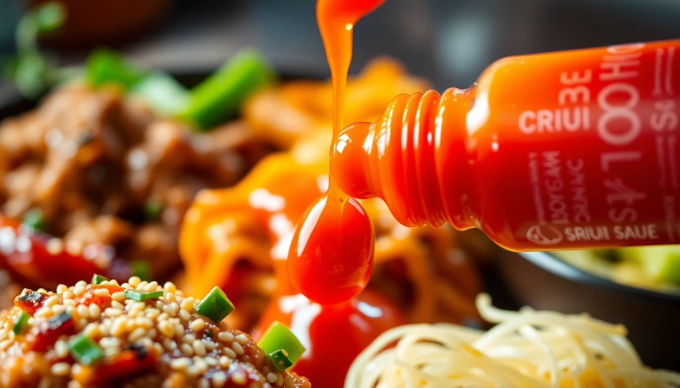Sriracha Sauce served on sizzling Asian dishes showcasing bold flavor and vibrant color