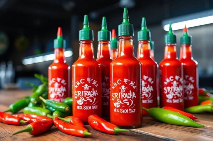 Sriracha Sauce bottle with fresh chili peppers showing bold flavors and spicy appeal