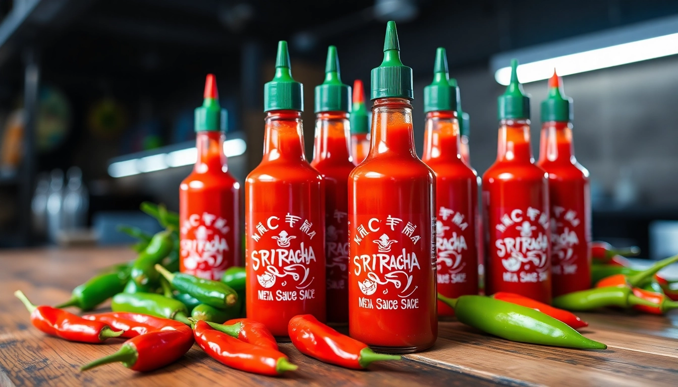 Sriracha Sauce bottle with fresh chili peppers showing bold flavors and spicy appeal